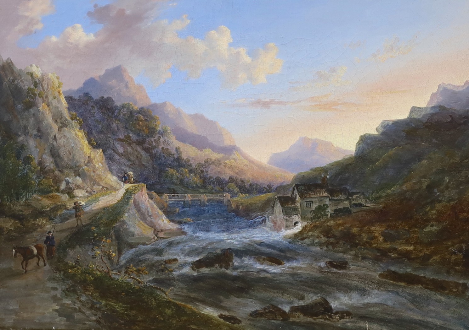 19th century English School, oil on canvas, Travellers alongside a mountain stream, 35 x 49cm